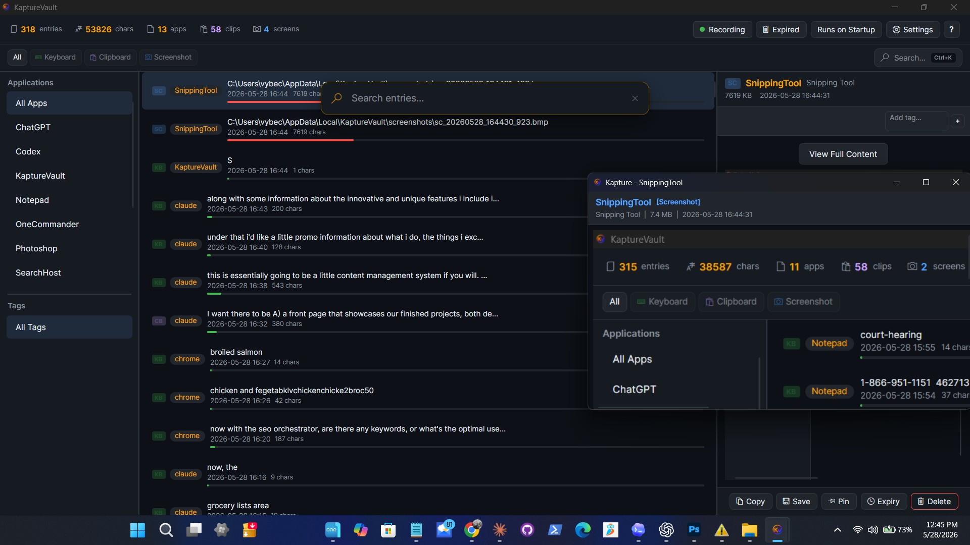 KaptureVault clipboard manager for Windows showing clipboard history, keyboard capture, and screenshots in a dark-themed interface